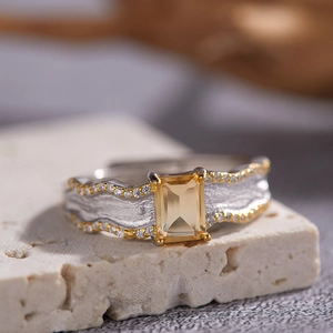 S925 sterling silver ring with rectangular yellow citrine and textured wavy band
