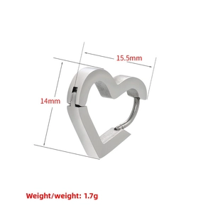 Detailed dimensions of heart-shaped stainless steel earring measuring 14mm by 15.5mm