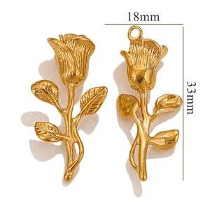 Detail view of 18K gold plated rose shaped pendant with dimensions 33mm by 18mm