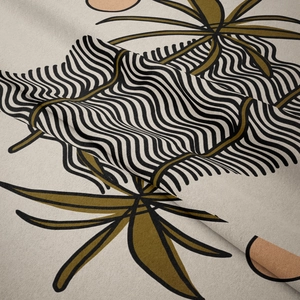 Close-up of soft flannel wall tapestry showing modern wave patterns and botanical prints