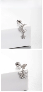 Détails des boucles d'oreilles lune étoile et papillon en acier titane avec fermoir à vis