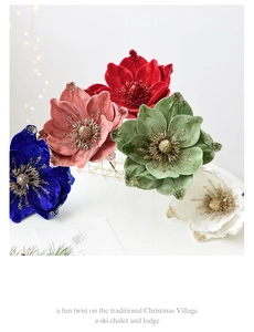 Close-up of premium velvet Christmas magnolia flowers with gold glitter in assorted colors