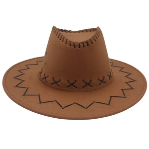 Brown suede western cowboy hat with black decorative stitching and wide flat brim