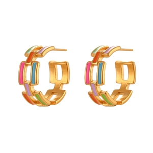Gold-plated C-shape hoop earrings with colorful enamel geometric blocks in minimalist style