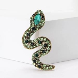 Elegant gold snake brooch with green crystals and rhinestones for women's fashion