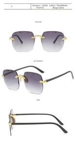 Detailed views of rimless square sunglasses with gold metal temples and gradient grey lenses
