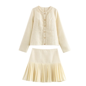 Elegante Giacca In Tweed E Minigonna Pieghettata Donna Manica Lunga Urban Office Lady Bianco Crema Abbigliamento