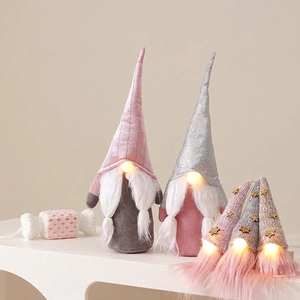 Pink and silver lighted Christmas gnomes plush set for tabletop festive decoration