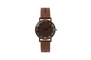 Chocolate brown quartz watch with artistic numerals and matte silicone strap on white background