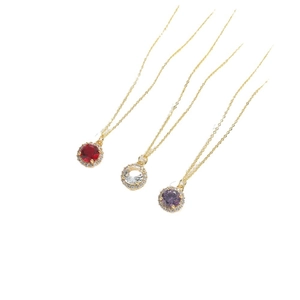 Chic gold-plated necklace set featuring red, clear, and purple round halo pendants