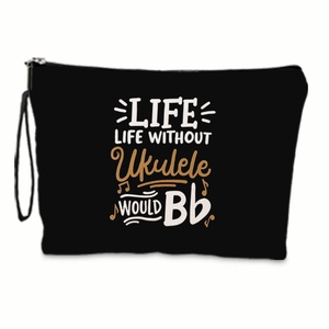 Detail of black canvas makeup bag with musical quote and note print and zipper