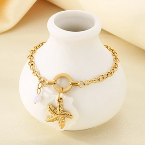 Golden ocean series stainless steel bracelet with starfish shell and pearl charms