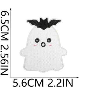 Size chart showing dimensions of embroidered white ghost patch with black bat detail