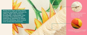 Close-up of linen pillow cover with floral print, tassel edge and hidden zipper detail