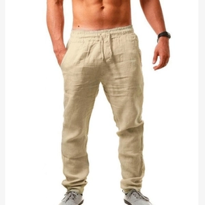 Men's hip hop loose cotton pants in khaki beige with elastic drawstring waist