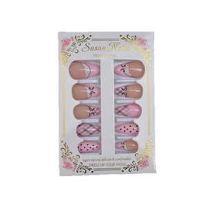 24Stk. Französische Mandel-Kunstnägel mit rosa Schleife, Karomuster und Spitzen-Design