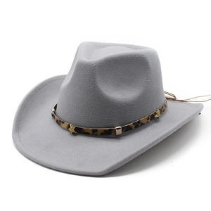 Detail of grey wool cowboy hat featuring leopard print band and golden star studs