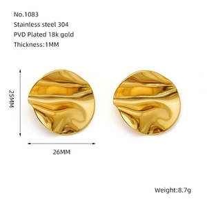 Detail of gold pleated stainless steel stud earrings showing 25mm diameter and 1mm thickness