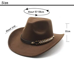 Size chart showing 57-58cm head circumference for brown vintage wool cowboy hat