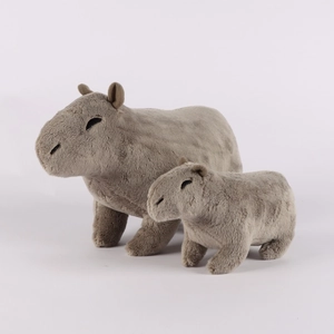 Detailed close-up of soft plush texture on two brown capybara stuffed animal toys