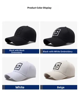 Detail showing embroidered XX face patterns on baseball caps in four various colors