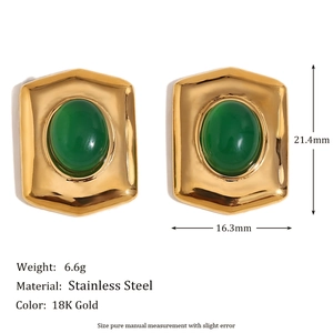 Vintage 18K gold plated stainless steel hexagonal shield earrings with green stone