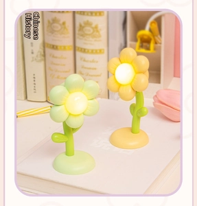 Macro detail of cute flower-shaped bedside lamp with magnetic base on a desk