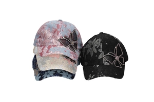 Lace butterfly baseball caps in pink, beige, navy, and black with rhinestone details