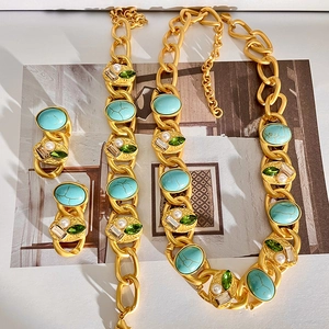 Vintage gold jewelry set with necklace, bracelet, and earrings featuring turquoise and pearls