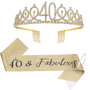40th birthday set with gold rhinestone tiara and 40 & Fabulous glitter sash with pearl pin