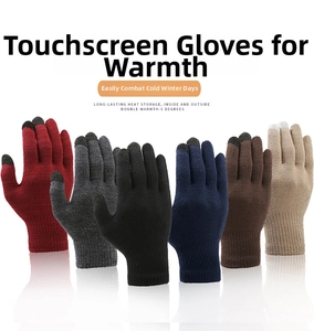 Detail view of multi-color knitted touchscreen gloves with conductive finger tips