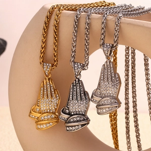18K gold and silver hip hop prayer hand pendants with iced out rhinestones on twist chains