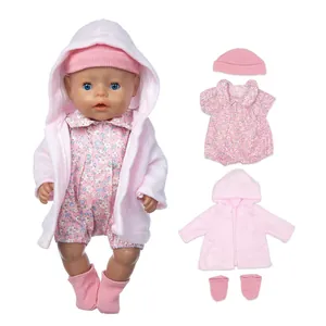 Pink plush winter coat and floral romper set for 18-inch baby dolls and outfits