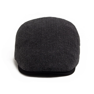 Classic dark grey herringbone cotton flat cap with vintage British newsboy style