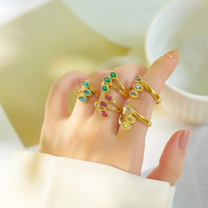 Three-layer stainless steel ring with colorful zircons and adjustable opening for women