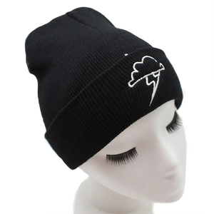 Classic black knitted beanie for men and women featuring cloud and lightning embroidery