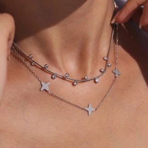 Silver double layer necklace with cubic zirconia round stud and cross pendant for women