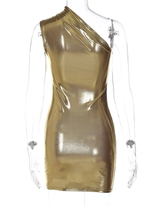 Detail view of gold metallic fabric texture on back of one-shoulder slim dress
