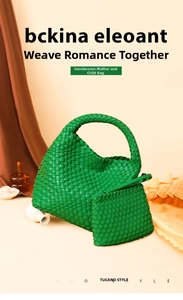 Detail of green handmade woven tote bag with matching inner pouch on warm aesthetic background