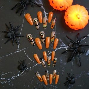 Halloween pumpkin and ghost face long coffin press-on nails set with spider web patterns