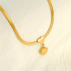 Minimalist 18K Gold Plated Stainless Steel Double Heart Pendant Necklace For Women Elegant Herringbone Chain Jewelry