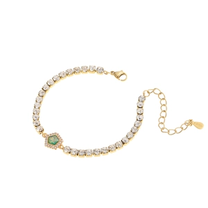 Gold stainless steel tennis bracelet with green hexagon stone and clear zircon crystals