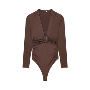 Women Long Sleeve Deep V-Neck Bodysuit Ruched Spandex Stretchy Slim Fit Gold Buckle Elegant Dark Brown Tops