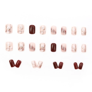 24pcs short square glitter nails with white floral patterns and deep burgundy finish