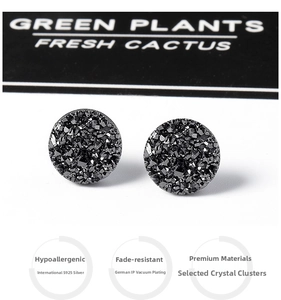 Macro view of black druzy crystal earrings made of S925 sterling silver with IP plating