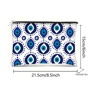 Flat Evil Eye makeup bag in blue and white print with zipper, size 8.5x6 inches