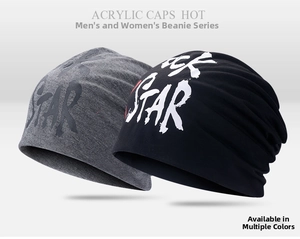 Detailed texture of black and dark grey knitted acrylic caps with Rock Star print