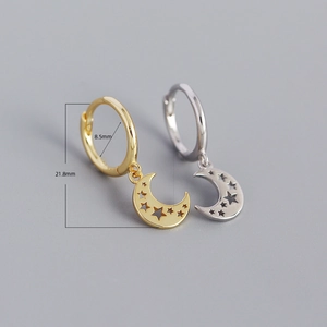 Detailed view of crescent moon earrings with star cutouts and 21.8mm height measurement
