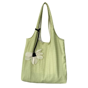 Light green pleated canvas tote bag with floral charm and large capacity for women