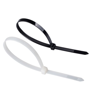 Industrial grade self-locking nylon zip ties in black and white colors on white background